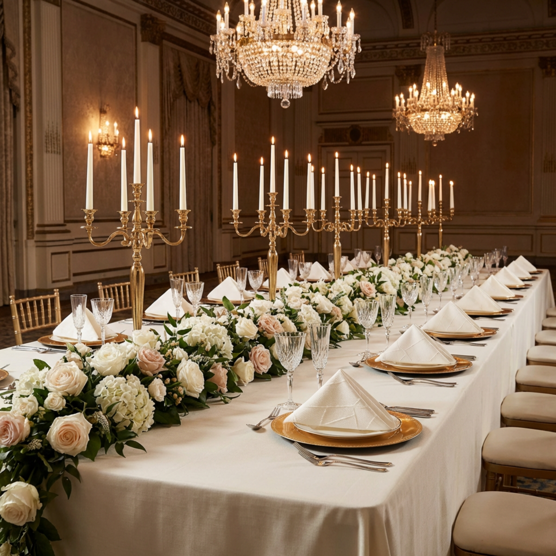 wedding 5pcs/pk Embossed Geometric Jacquard Napkin 20"x20" Light Ivory/Off White, triangle fold on gold charger plate, gold candelabra centerpieces and long table runner floral centerpiece
