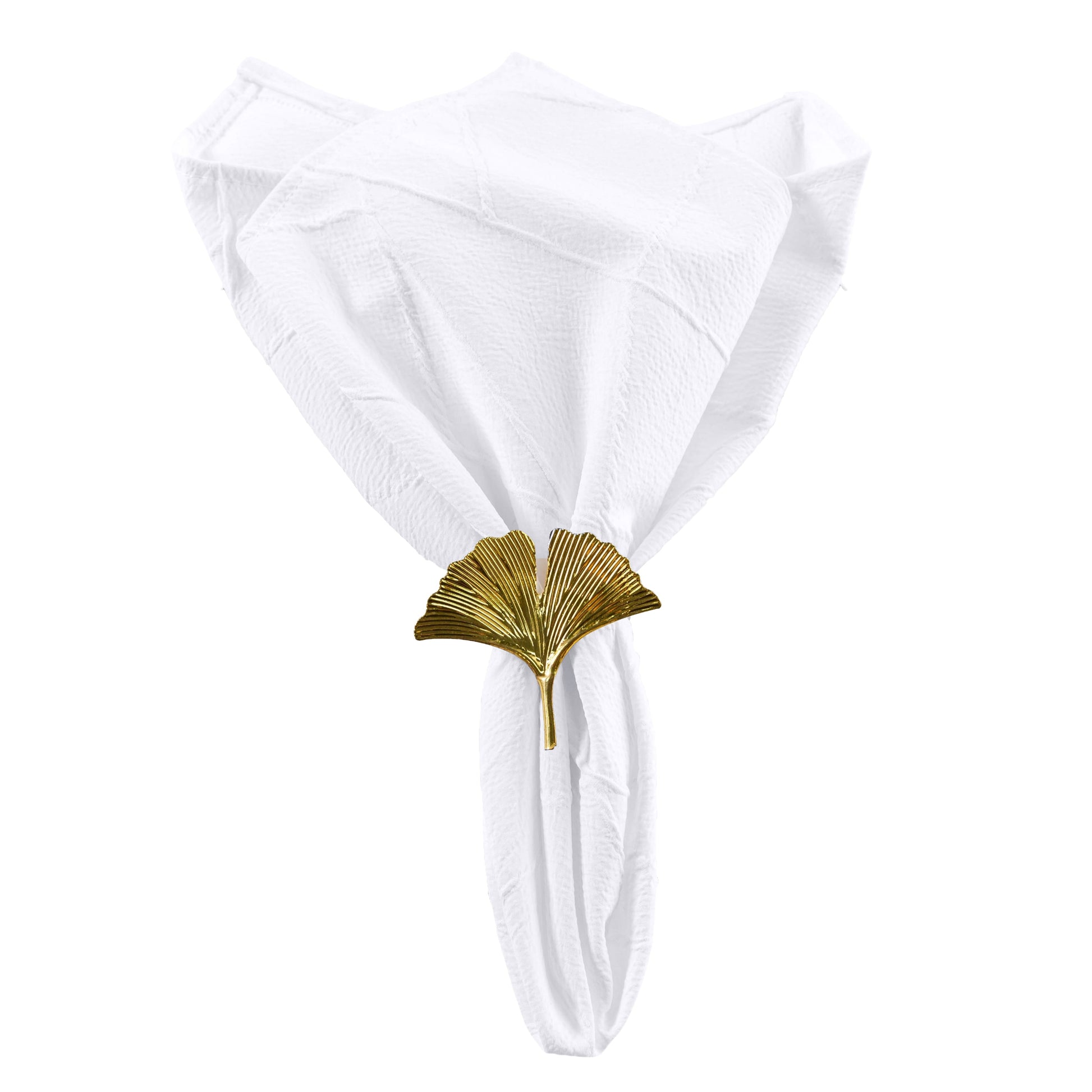 5 pcs/pk Embossed Geometric Jacquard Napkin 20"x20" White fan fold with a gold napkin ring