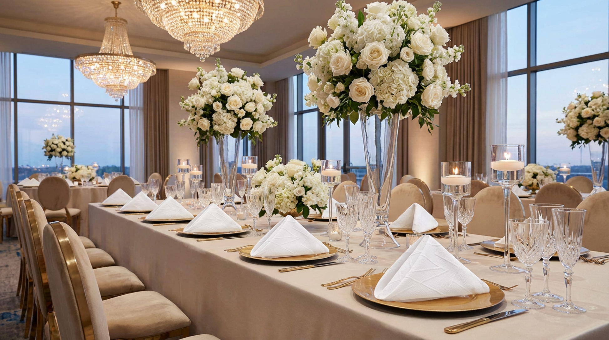 Embossed Geometric Jacquard Napkin 20"x20" White on top of gold charger plates, tall white floral centerpieces and floating candles