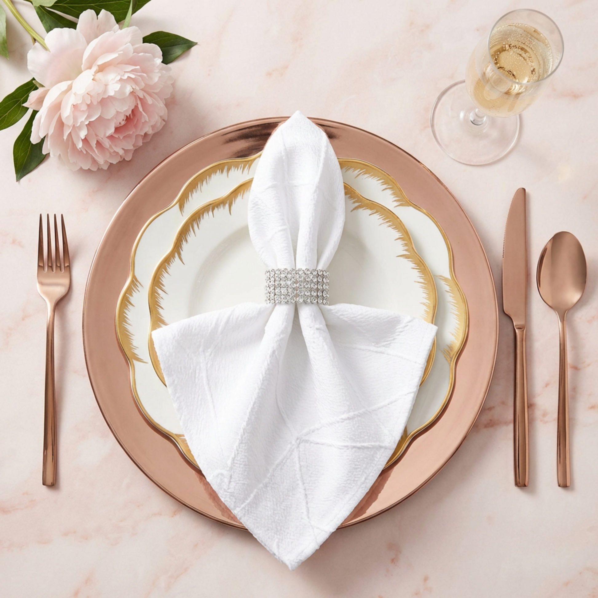 Embossed Geometric Jacquard Napkin 20"x20" White close up blush/rose gold charger plate and white dinner plates setting 