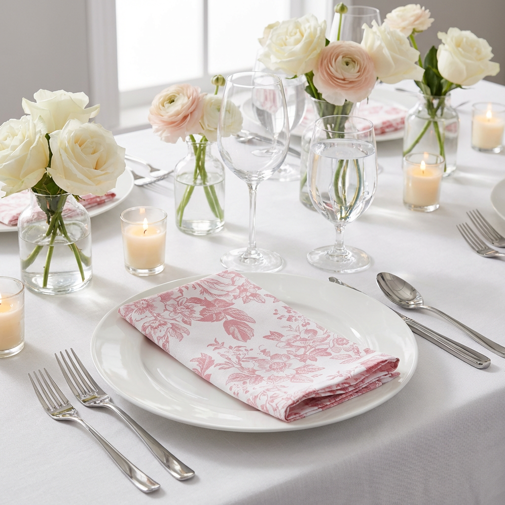 French Toile 20"x20" Linen Napkin (5pc/pk) Dusty Rose/Mauve folded on top of white dinner plates