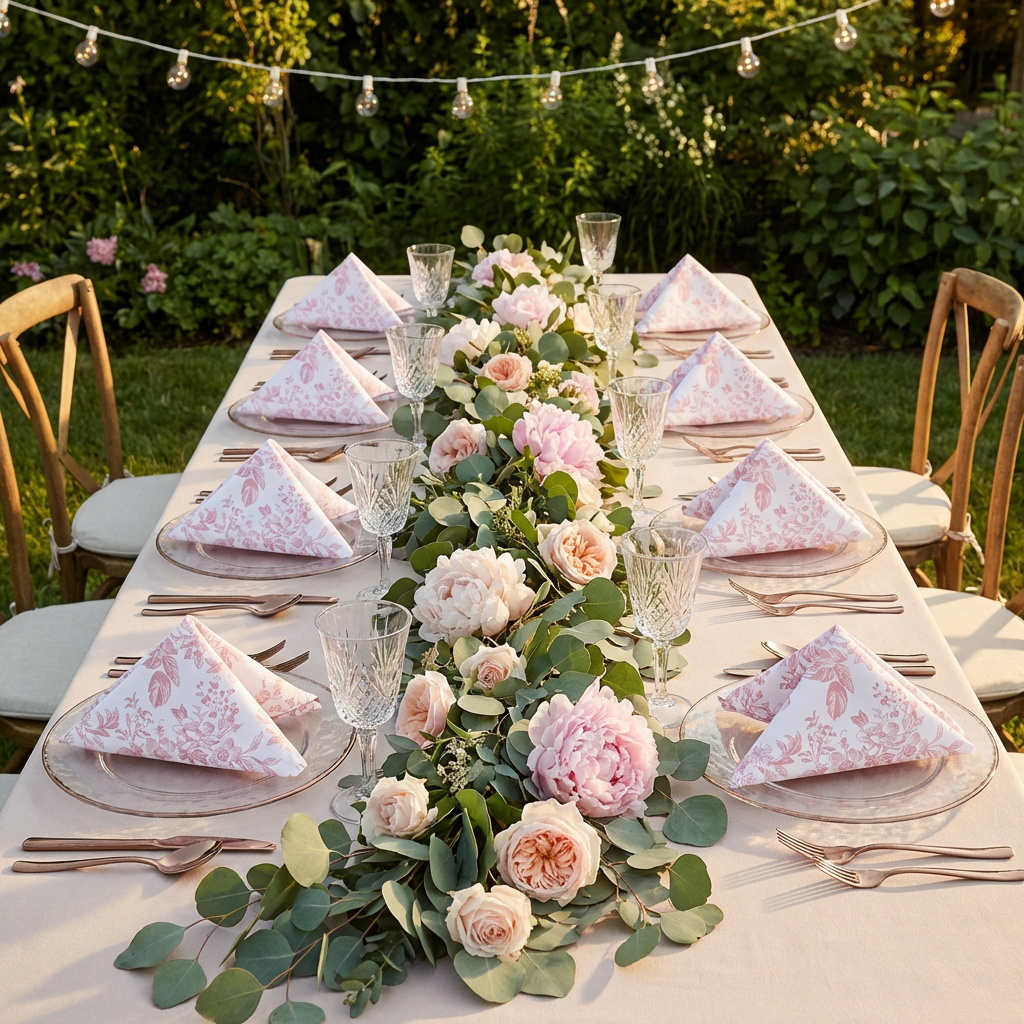 outdoor table setting with the French Toile 20"x20" Linen Napkin (5pc/pk) - Dusty Rose/Mauve in a triangle fold on glass charger plate and floral and greenery table runner
