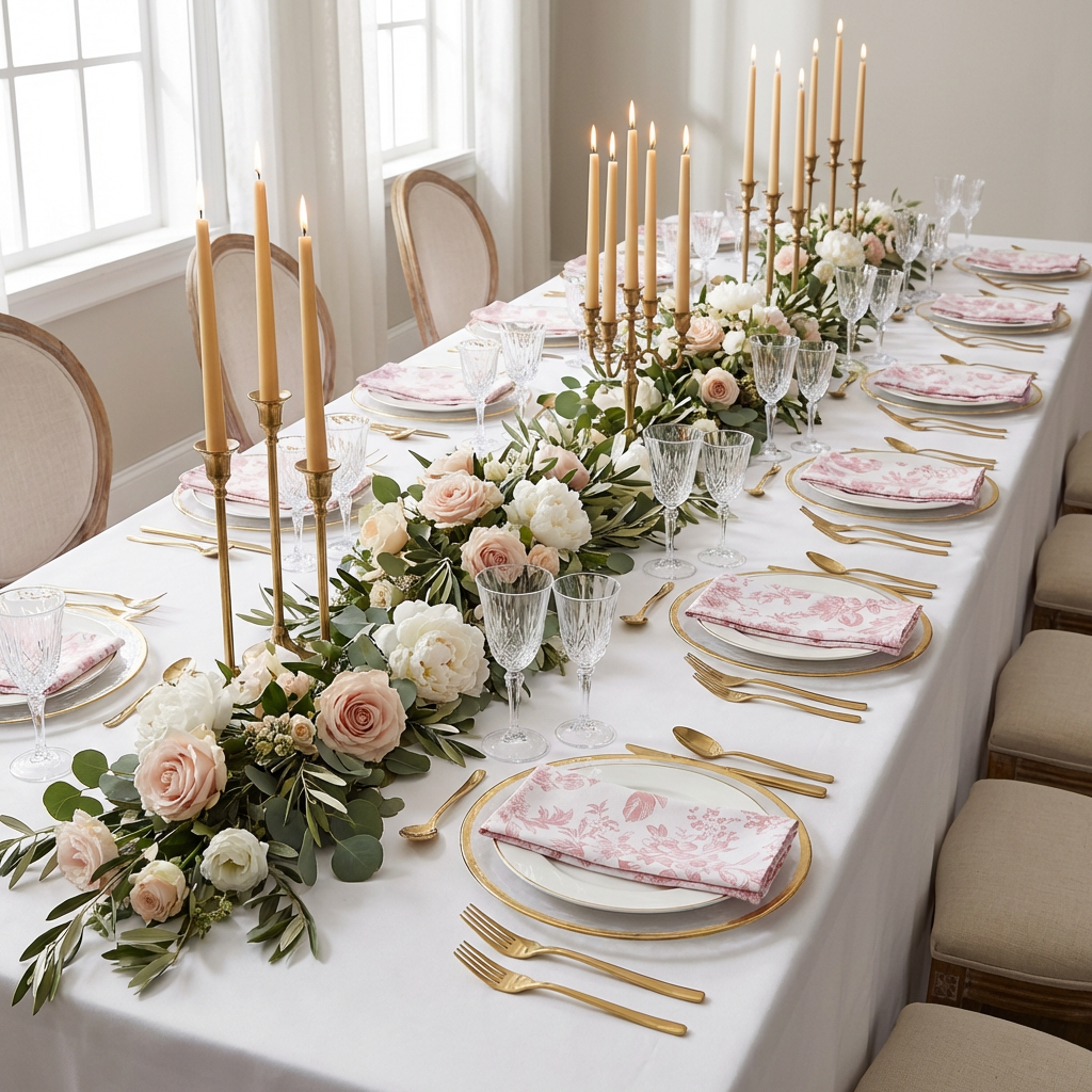 French Toile 20"x20" Linen Napkin (5pc/pk) Dusty Rose/Mauve folded on top of white dinner plates, gold silverware and gold candelabra centerpiece