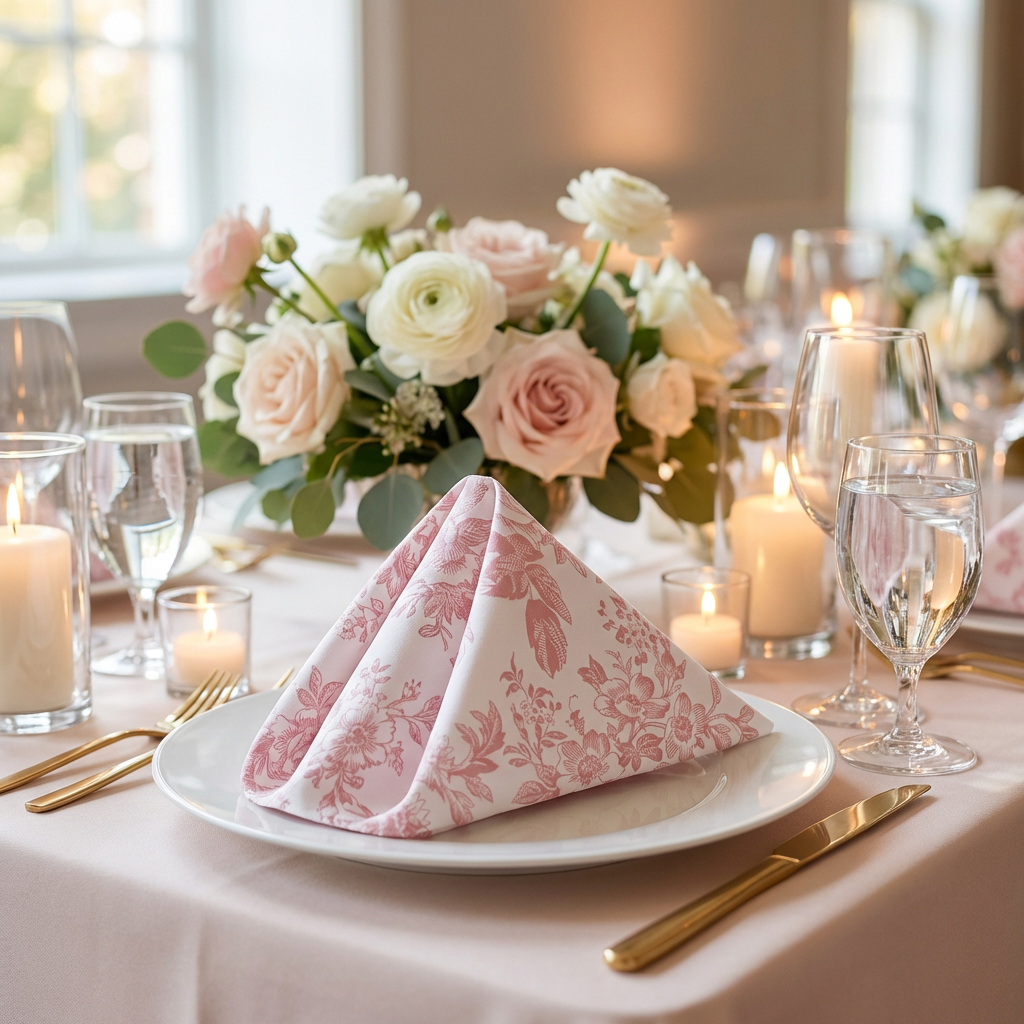 close up of the French Toile 20"x20" Linen Napkin Dusty Rose/Mauve in a triangle fold on a white dinner plate