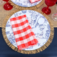 5pcs Gingham Checkered Polyester Napkin 20"x20" Red & White paired with red goblets, blue french toile charger plates, and fringed edge woven 15" placemats