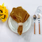 5 pcs/pk Glitter Velvet 20"x20" Linen Napkin Gold paired with a burlap napkin ring, white charger plate, sunflowers and silverware