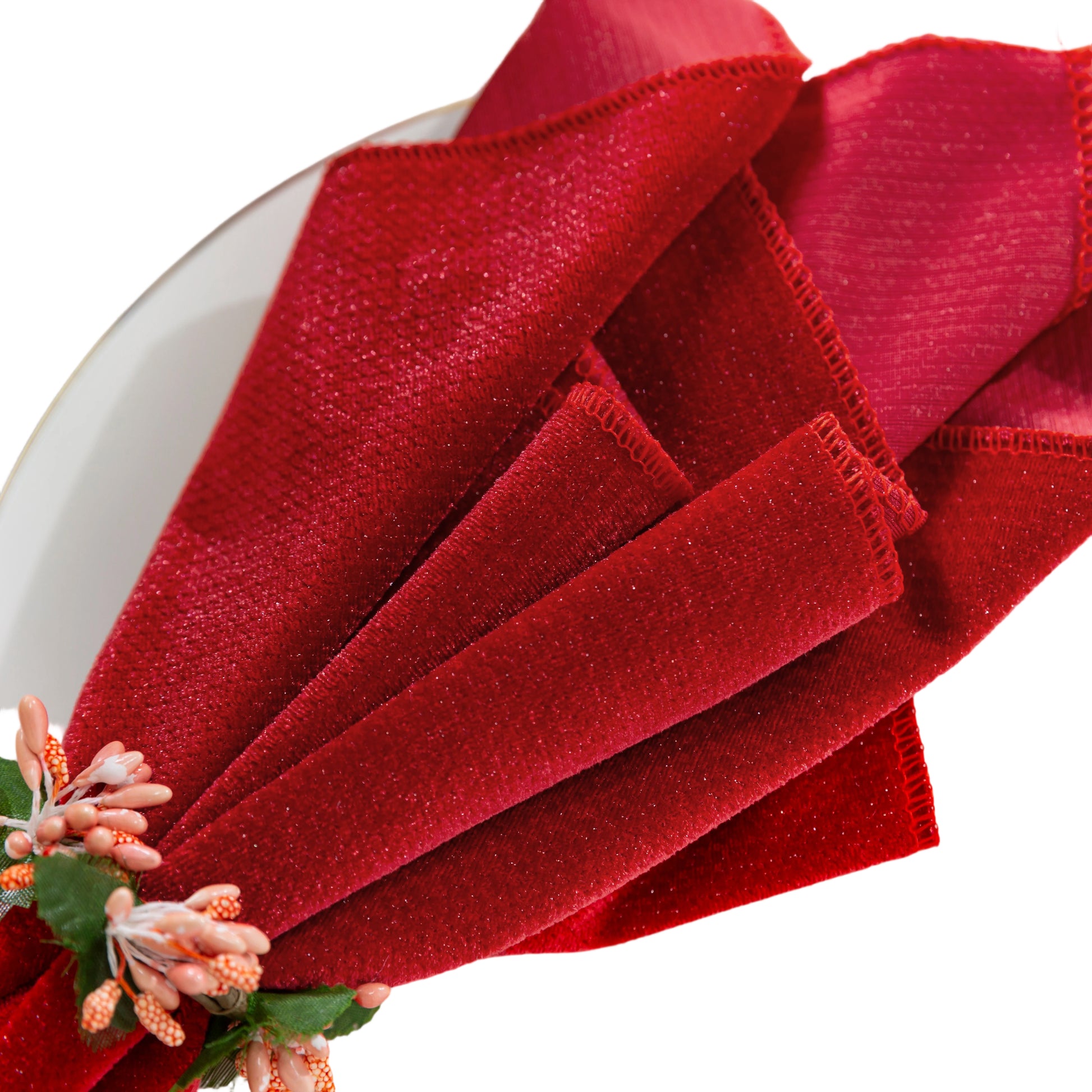 5 pcs/pk Glitter Velvet 20"x20" Linen Napkin Red paired with a napkin ring close up