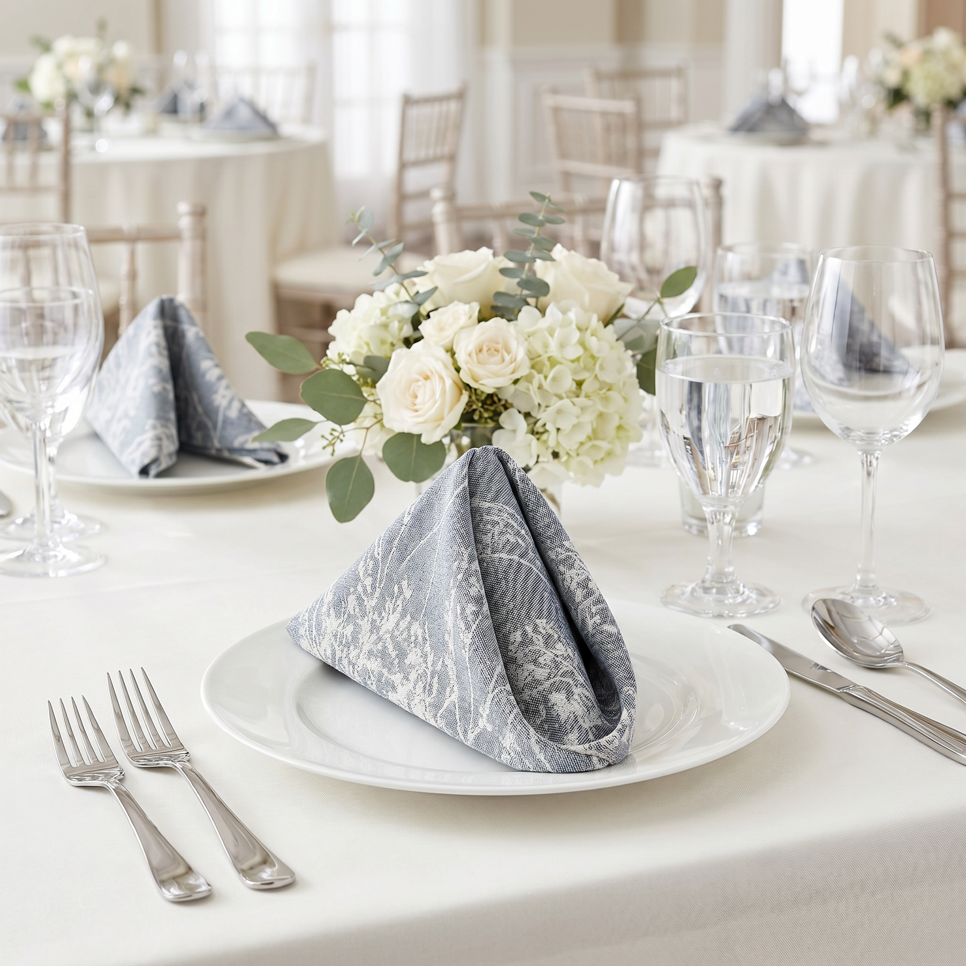 5 pcs/pk Leaf Branch Reversible Jacquard Napkin 20"x20" Dusty Blue fold underside 