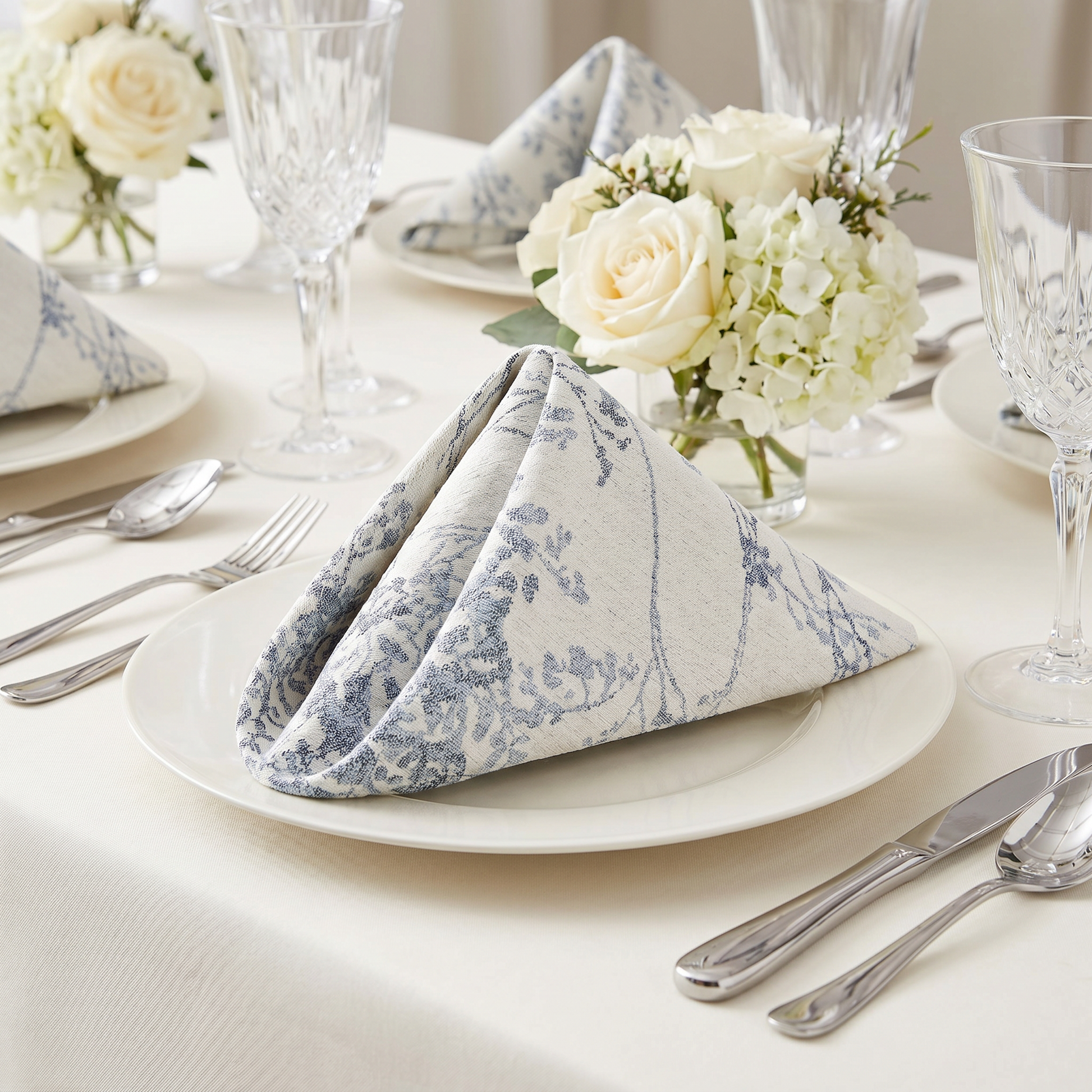 5 pcs/pk Leaf Branch Reversible Jacquard Napkin 20"x20" Dusty Blue on top a dinner plate