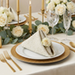 5 pcs/pk Luxury Boucle 20"x20" Linen Napkin Beige in a triangle fold ontop a white dinner plate