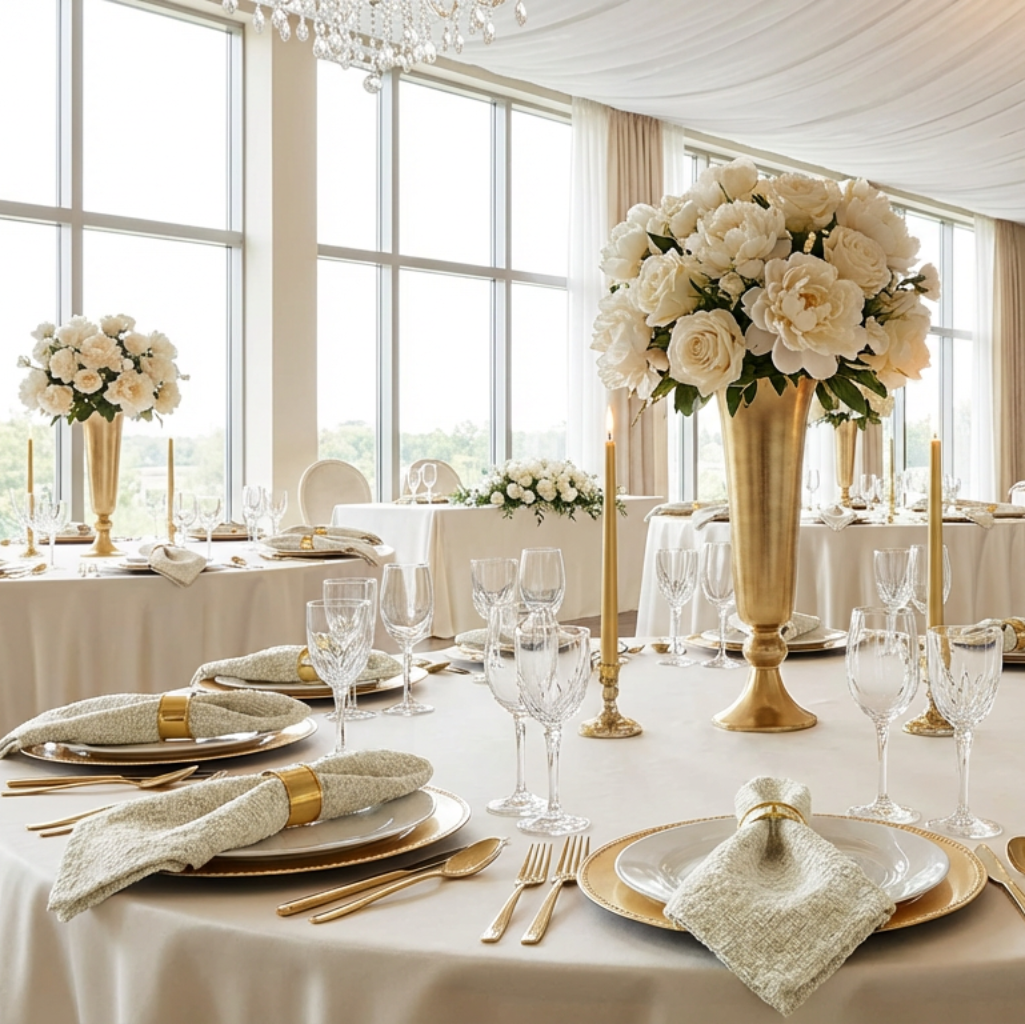 5 pcs/pk Luxury Boucle 20"x20" Linen Napkin Beige on top of white dinner plates with gold charger plates for wedding
