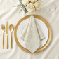 5 pcs/pk Luxury Boucle 20"x20" Linen Napkin Beige on top of a white dinner plate and gold charger plate