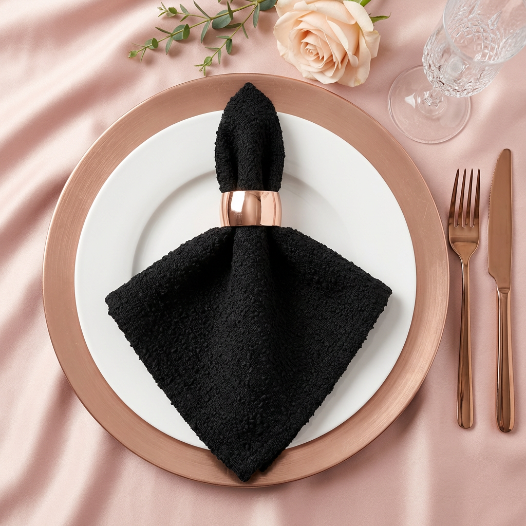 5 pcs/pk Luxury Boucle 20"x20" Linen Napkin Black with a blush napkin ring on top a white dinner plate
