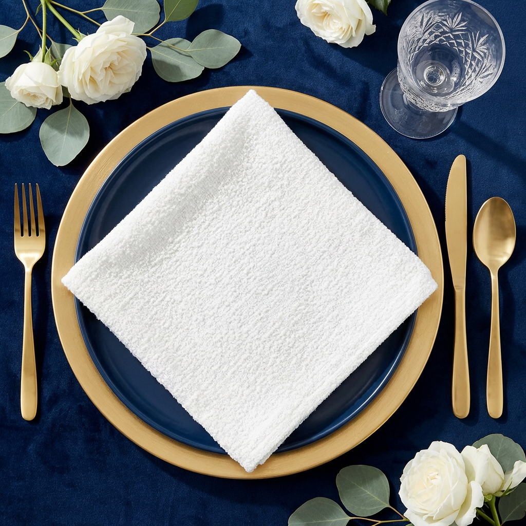 5 pcs/pk Luxury Boucle 20"x20" Linen Napkin White in a square fold with a blue dinner plate and gold charger plate
