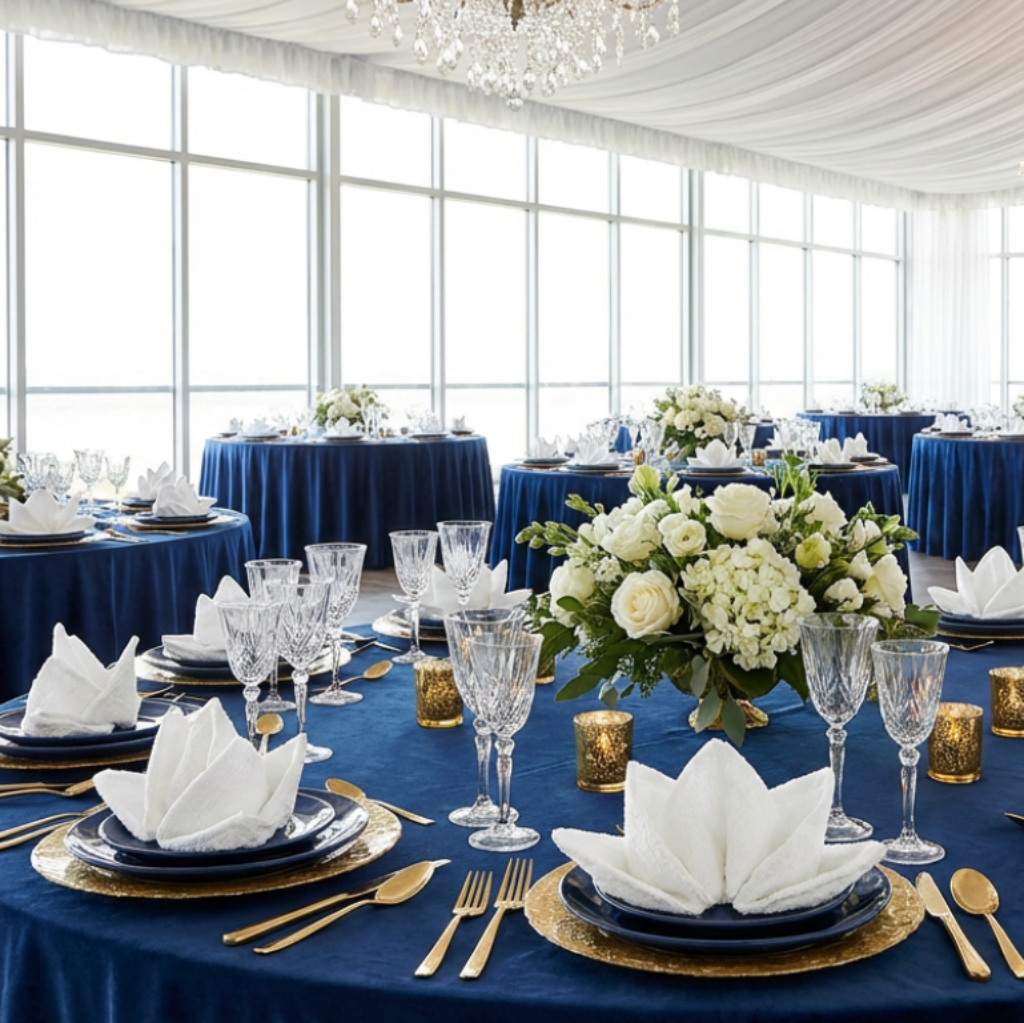 5 pcs/pk Luxury Boucle 20"x20" Linen Napkin White paired with navy blue dinner plates
