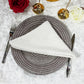 5 pcs/pk Luxury Boucle 20"x20" Linen Napkin White folded on top of a patterned  charger plate
