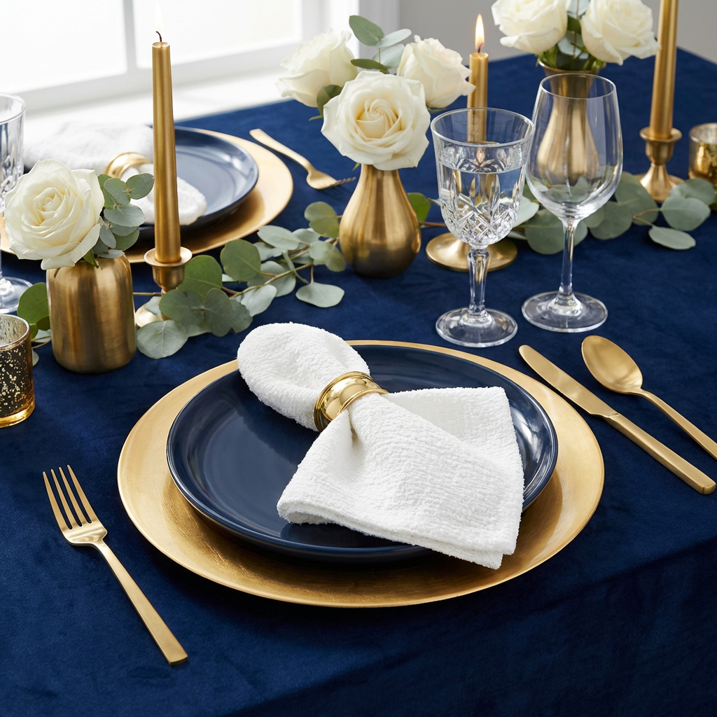 5 pcs/pk Luxury Boucle 20"x20" Linen Napkin White with a gold napkin ring on top of a blue dinner pate and gold charger plate
