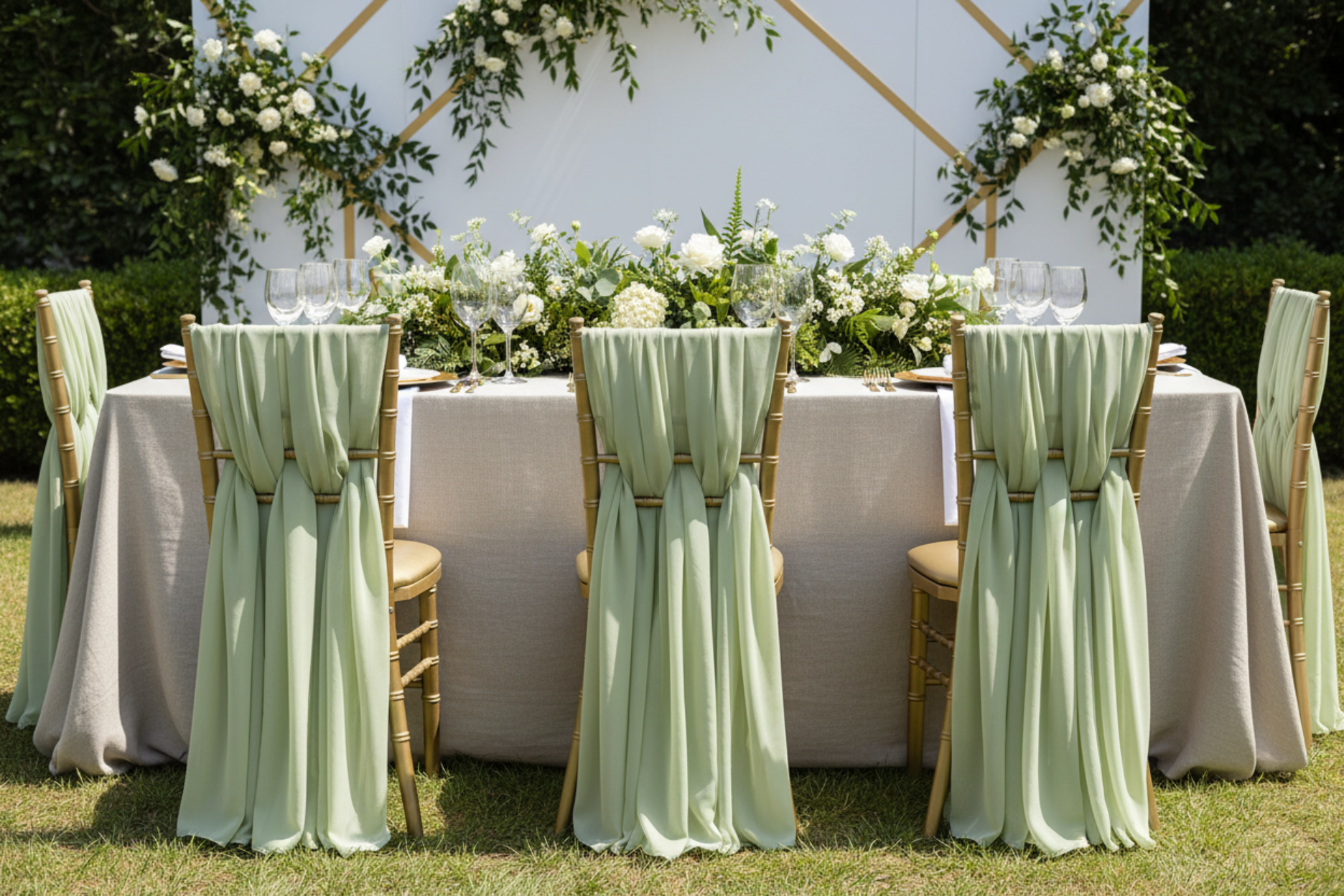 garden setup with 5pcs Pack of Chiffon Chair Sashes/Ties 19" x 72" - Sage Green
