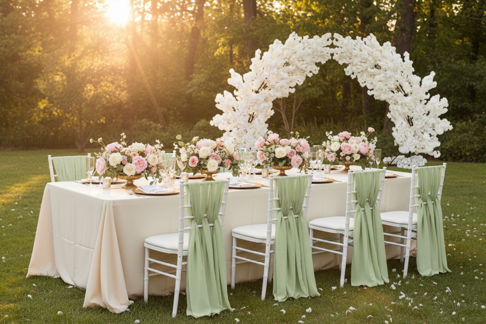 wedding proposal setup with 5pcs Pack of Chiffon Chair Sashes/Ties 19" x 72" - Sage Green
