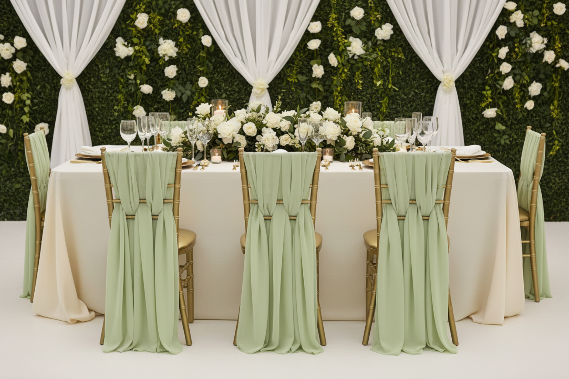 intimate wedding setup with 5pcs Pack of Chiffon Chair Sashes/Ties 19" x 72" - Sage Green
