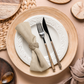 5pcs/pk Premium Linen Look Panama Weave 20"x20" Napkin Ivory with a white dinner plate and silverware