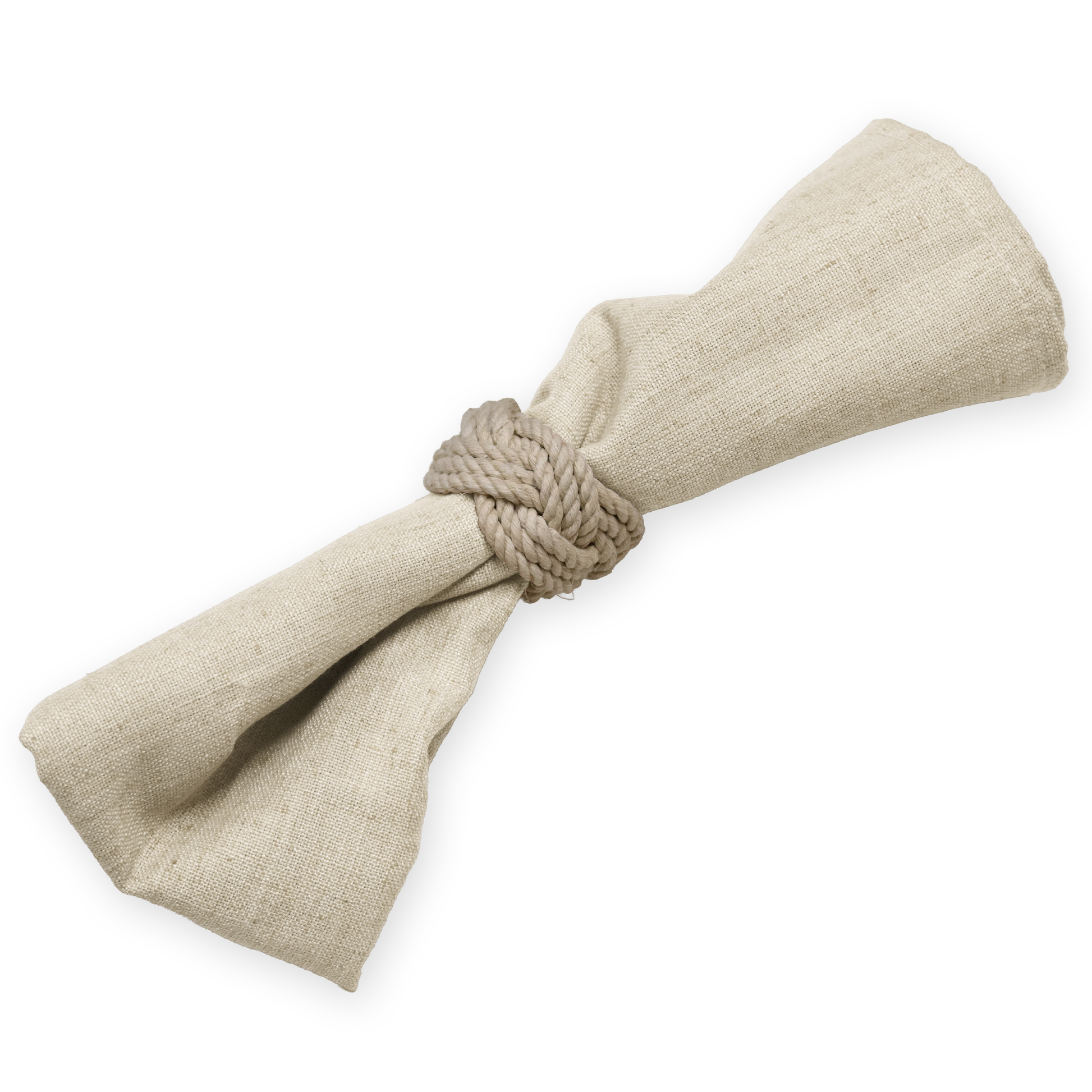 5pcs/pk Premium Linen Look Panama Weave 20"x20" Napkin Ivory paired with a braided jute napkin ring