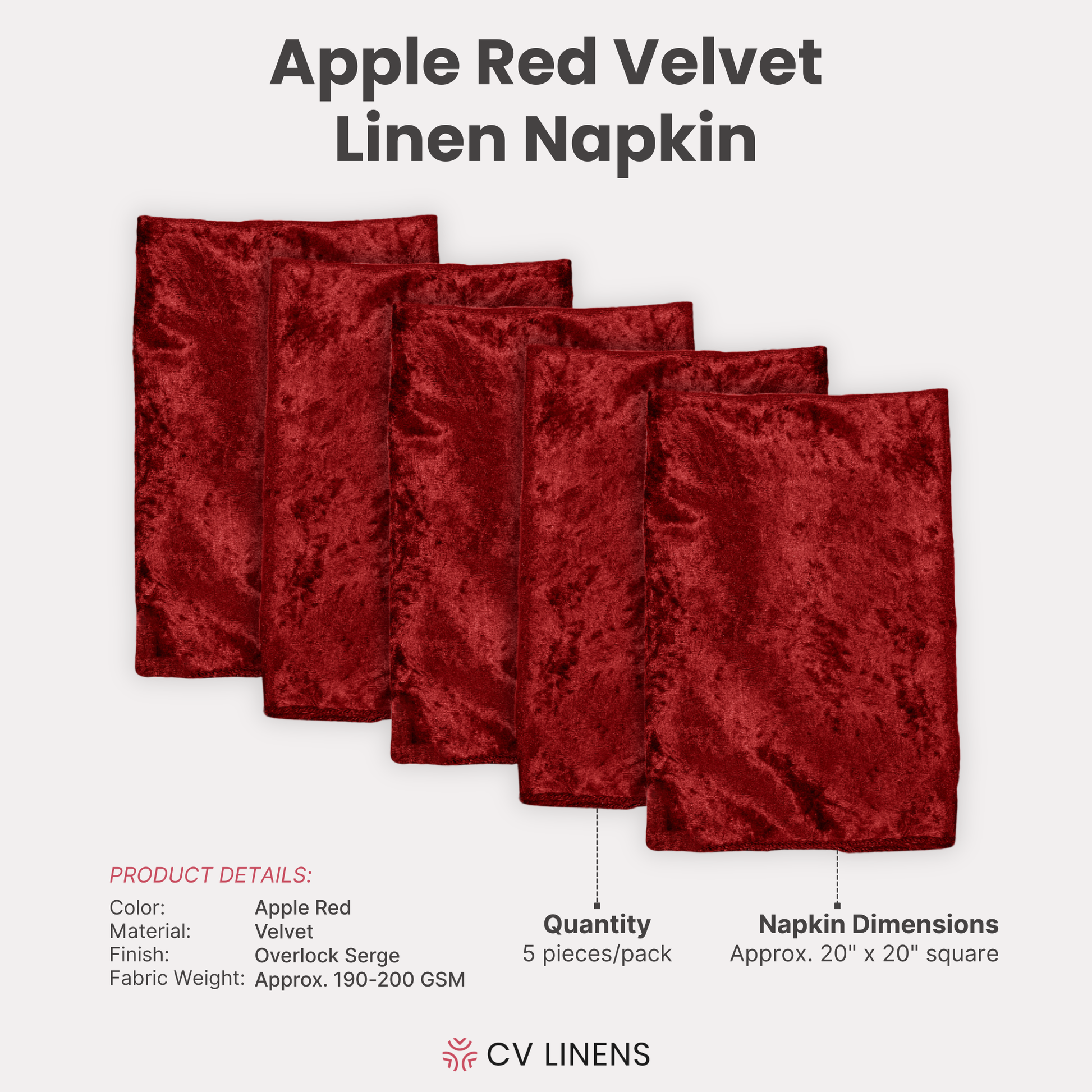 5 pcs/pk Velvet 20"x20" Linen Napkin - Apple Red infographic showing all five napkins and product details