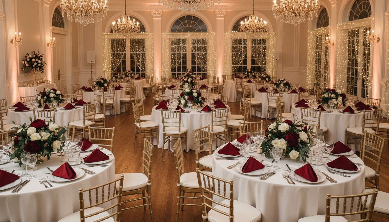 5 pcs/pk Velvet 20"x20" Linen Napkin Apple Red table settings with white tablecloths, white charger plates and chivari chairs