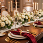 5 pcs/pk Velvet 20"x20" Linen Napkin Apple Red with a napkin ring, charger plates, and wine goblets