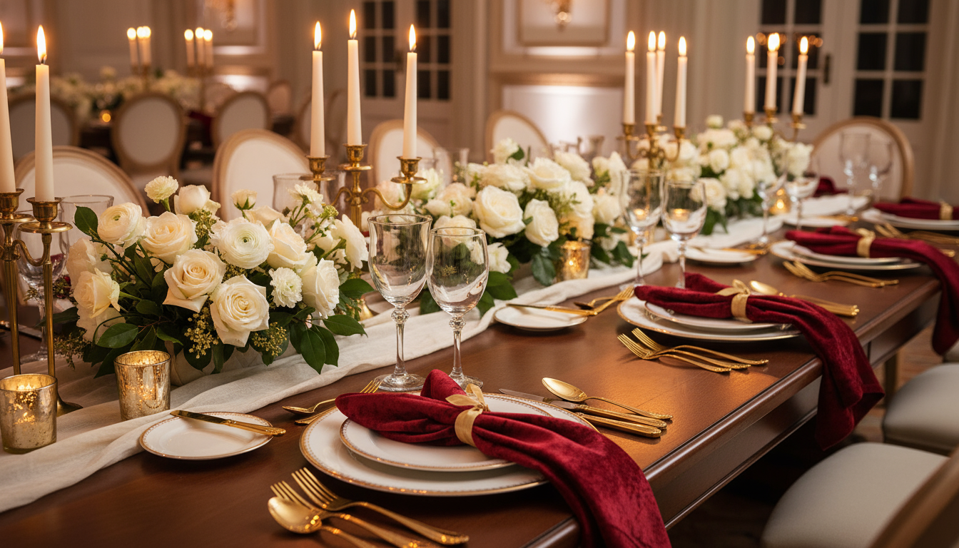 5 pcs/pk Velvet 20"x20" Linen Napkin Apple Red with a napkin ring, charger plates, and wine goblets