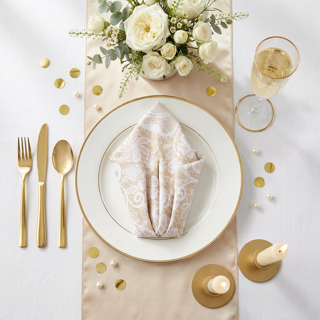 5 pcs/pk Vintage Lace Print Scuba 20"x20" Napkin Champagne/White birds eye view on a dinner plate