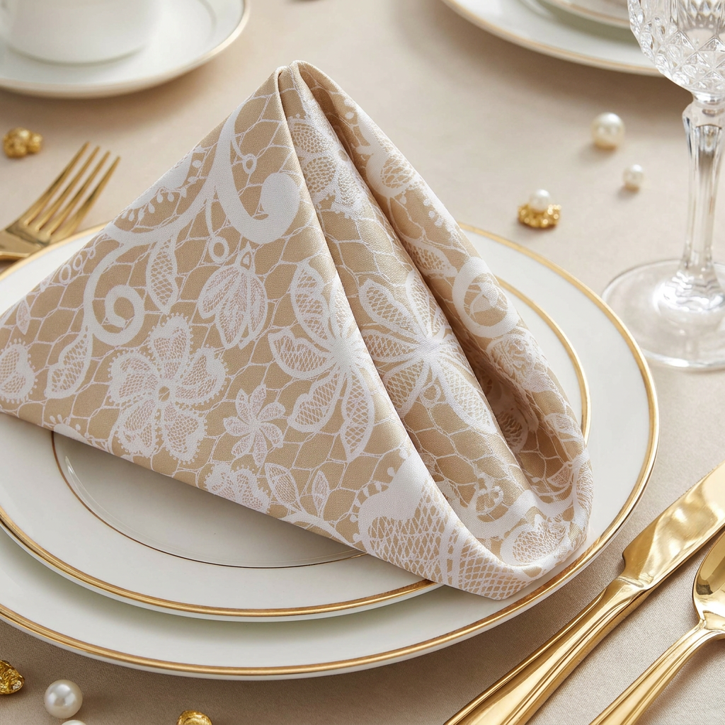 5 pcs/pk Vintage Lace Print Scuba 20"x20" Napkin Champagne/White in a trriangular fold on dinner plate
