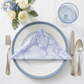 5 pcs/pk Vintage Lace Print Scuba 20"x20" Napkin Dusty Blue/White on top a white blue trim dinner plate 