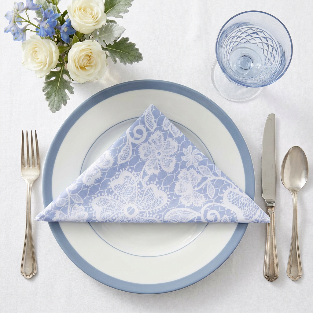 5 pcs/pk Vintage Lace Print Scuba 20"x20" Napkin Dusty Blue/White on top a white blue trim dinner plate 