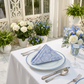 5 pcs/pk Vintage Lace Print Scuba 20"x20" Napkin Dusty Blue/White on top a white blue trim dinner plate 