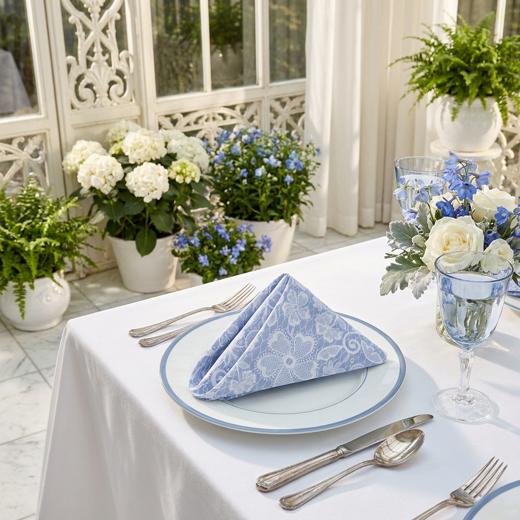 5 pcs/pk Vintage Lace Print Scuba 20"x20" Napkin Dusty Blue/White on top a white blue trim dinner plate 