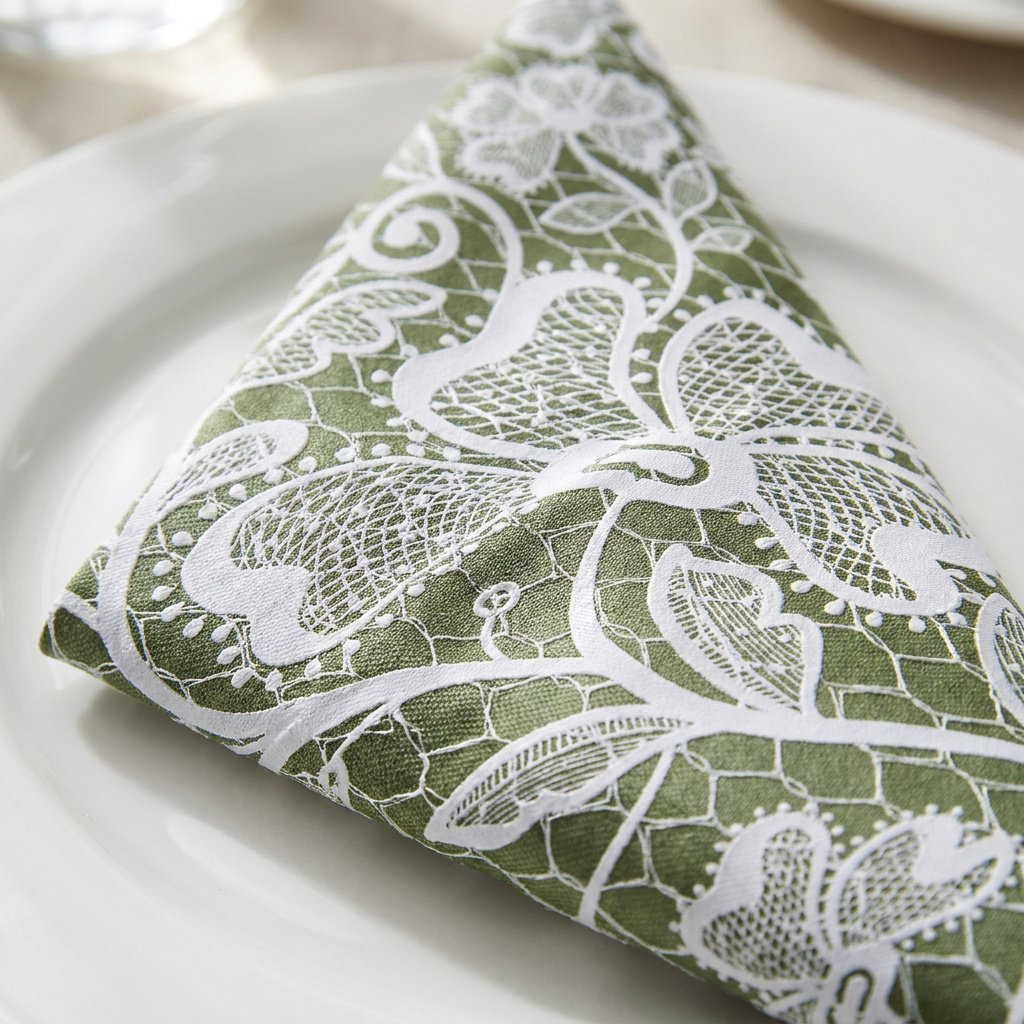 5 pcs/pk Vintage Lace Print Scuba 20"x20" Napkin Olive Green/White  close up