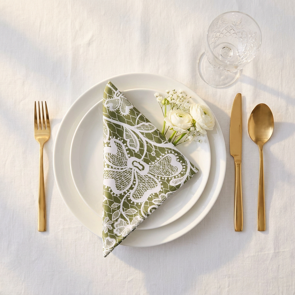 birdseye view 5 pcs/pk Vintage Lace Print Scuba 20"x20" Napkin Olive Green/White on top a white dinner plate