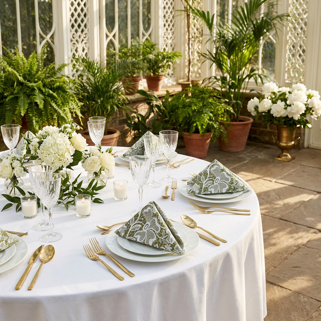 5 pcs/pk Vintage Lace Print Scuba 20"x20" Napkin Olive Green/White  wedding table setting