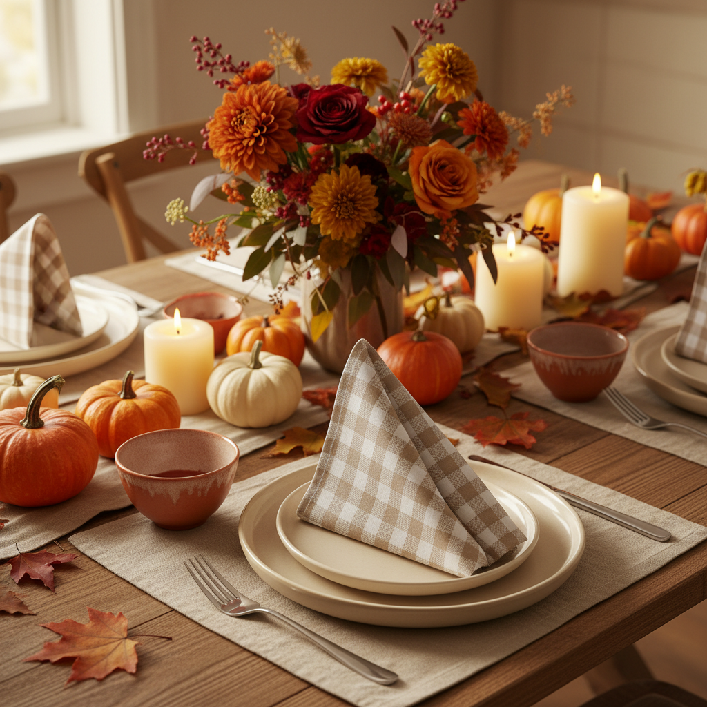 5pcs Gingham Checkered Napkin - Beige & White Fall Setting