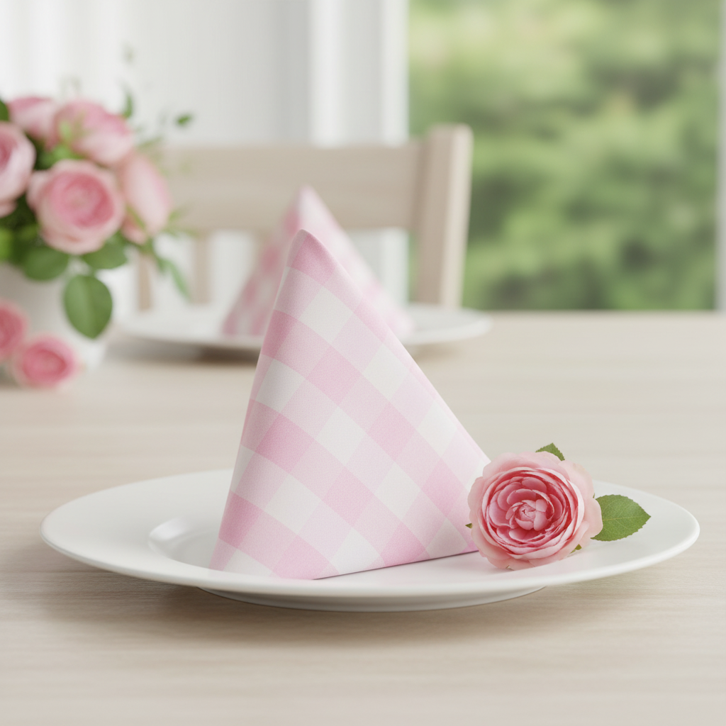 5pcs Gingham Checkered Napkin - Pink & White Close Up Pattern Visible