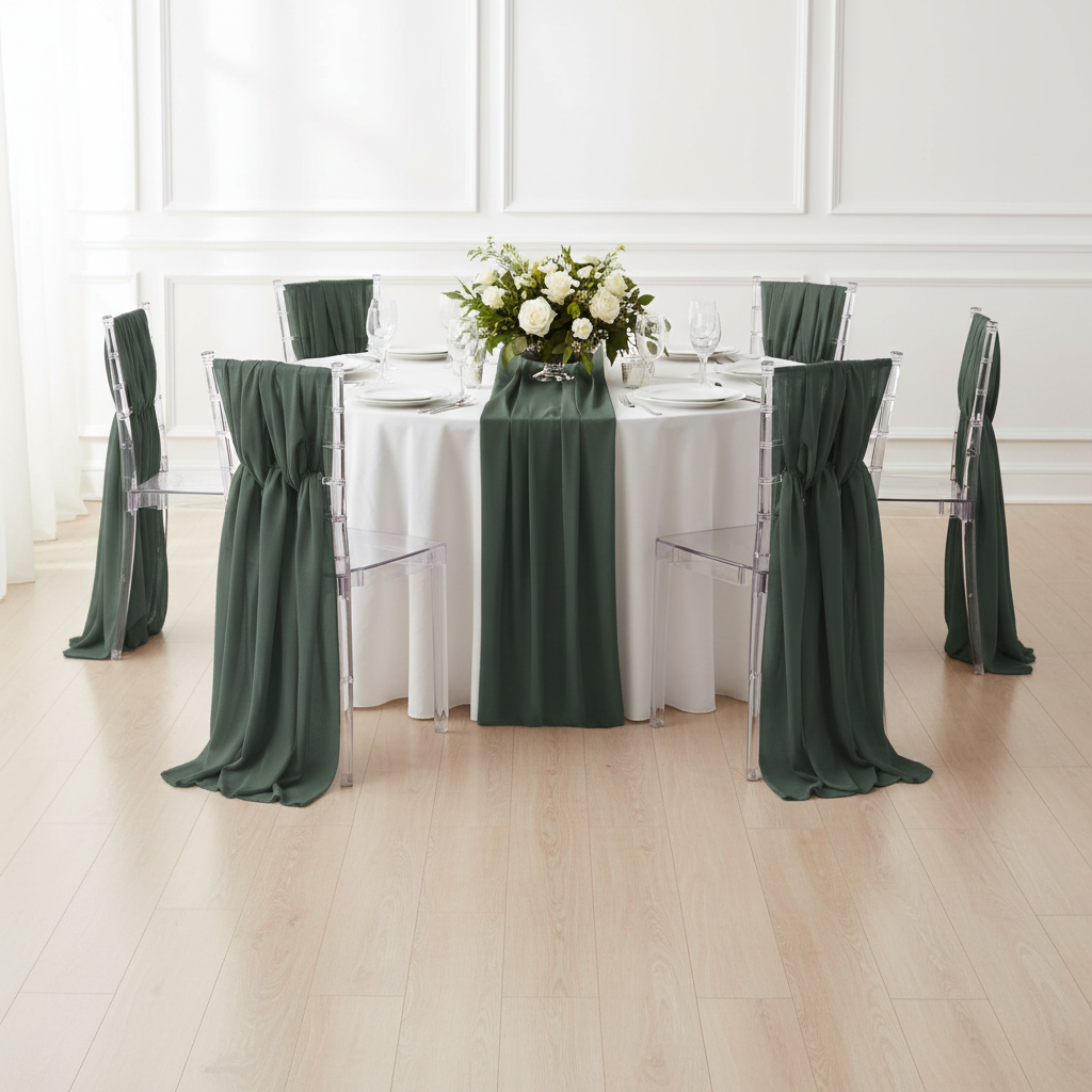 5pcs Pack of Chiffon Chair Sashes/Ties 19" x 72" - Hunter Green.
