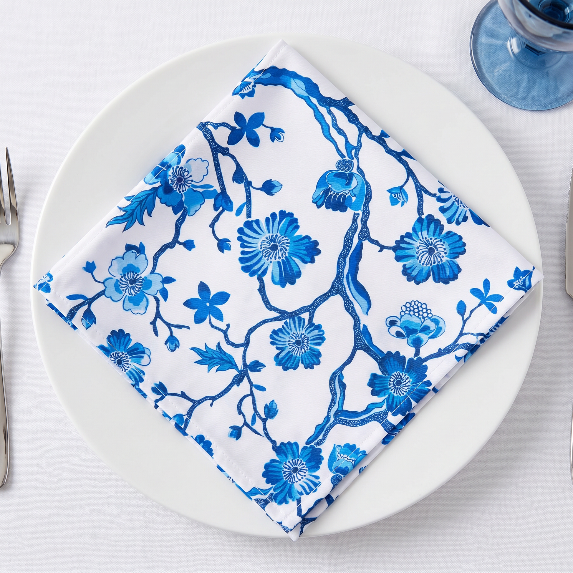 5 pcs/pk Chinoiserie Floral Scuba Napkin - Blue Overhead Flatlay View
