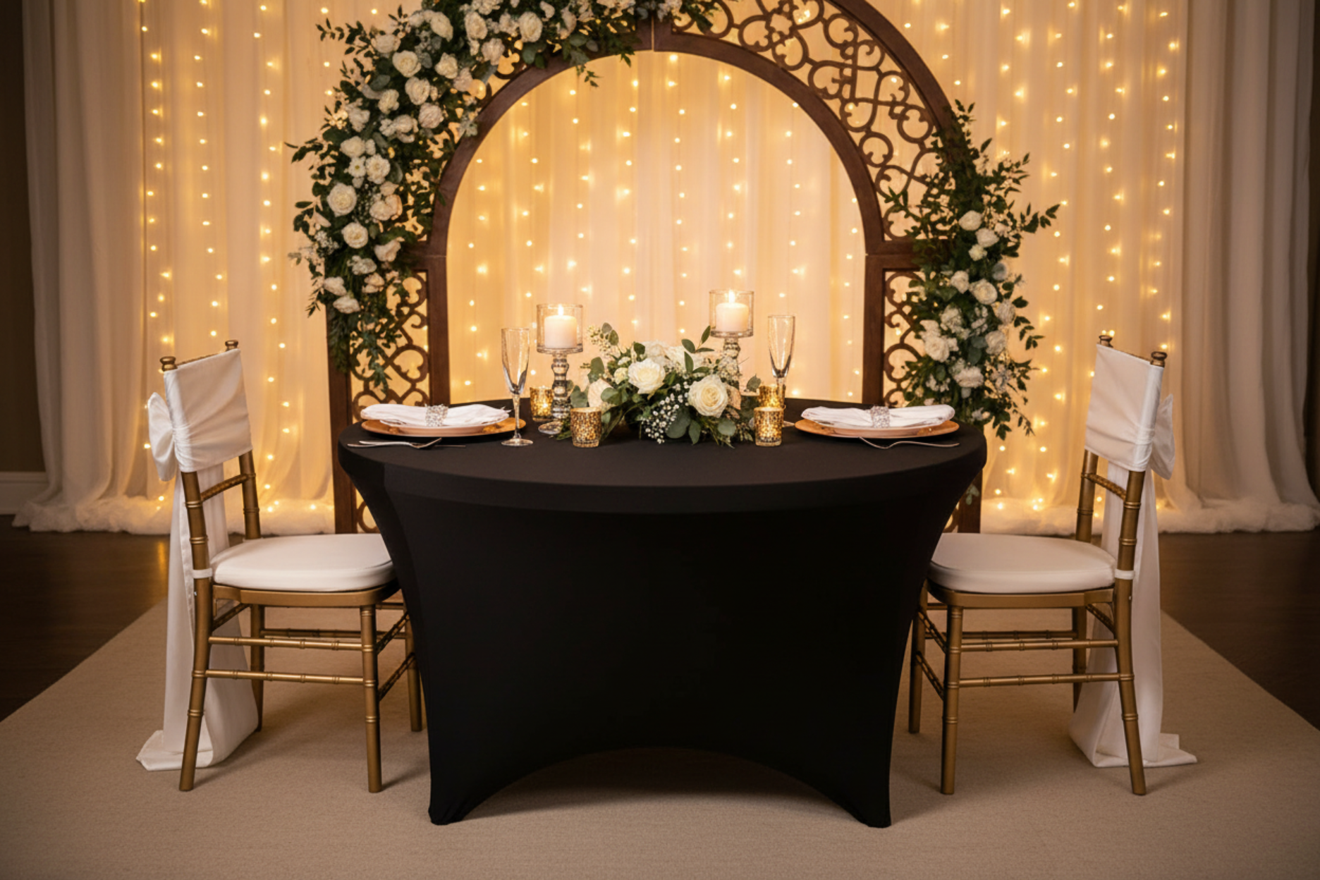 anniversary dinner setupwith 6 FT Round Spandex Table Cover - Black
