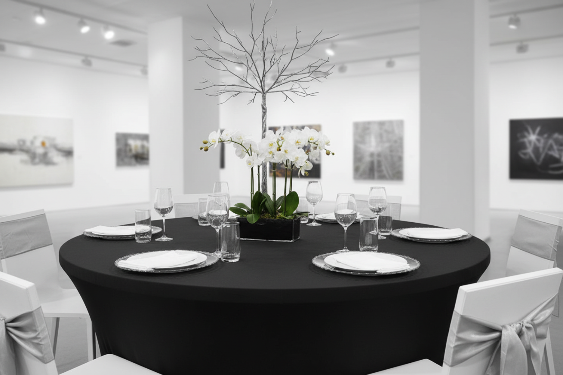 art gallery opening setup with 6 FT Round Spandex Table Cover - Black
