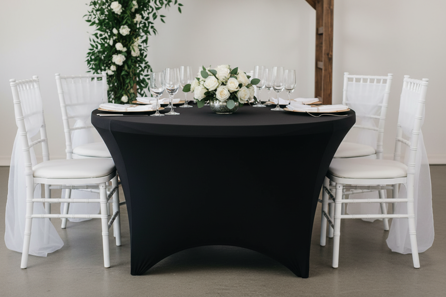 front view intimate wedding using 6 FT Round Spandex Table Cover - Black
 