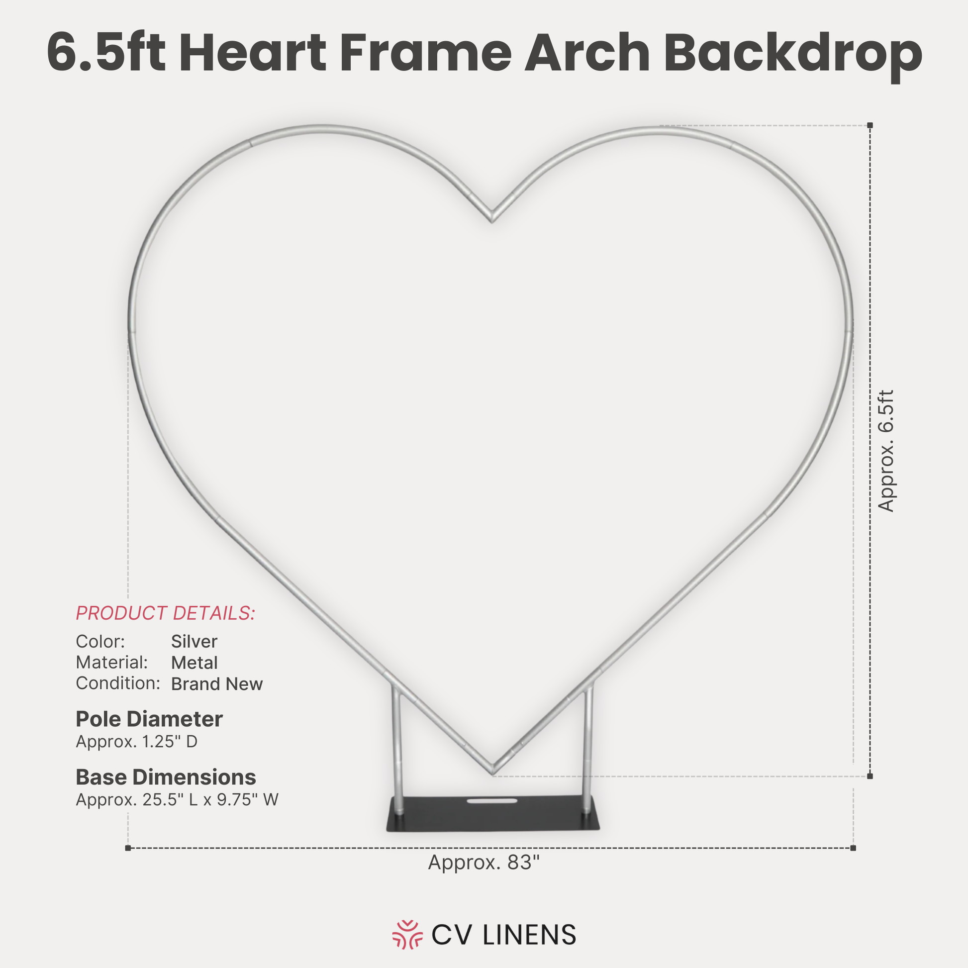 6.5ft Heart Frame Arch Backdrop infographic showing the product details and dimensions 
