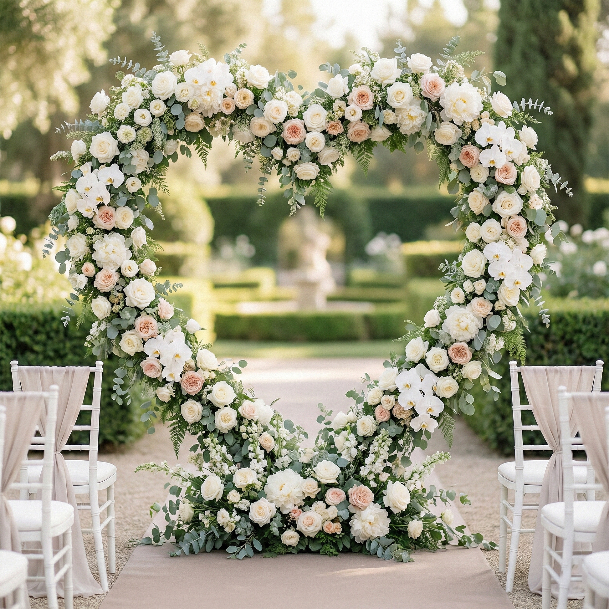 outdoor wedding with the 6.5ft Heart Frame Arch Backdrop with mixed florals and greenery