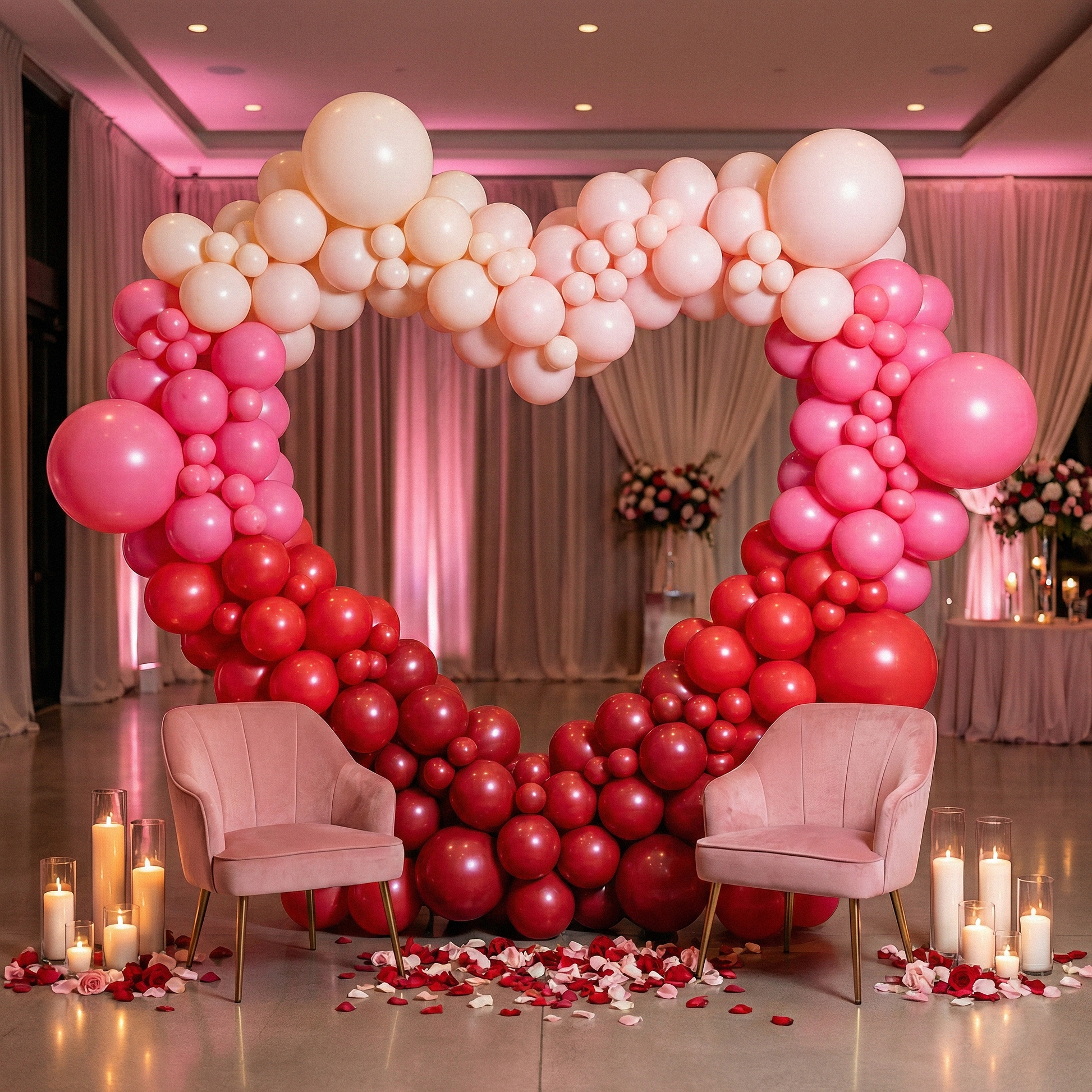 Valentine's Day 6.5ft Heart Frame Arch Backdrop with balloon garland in red, pink, cream  and pillar candles