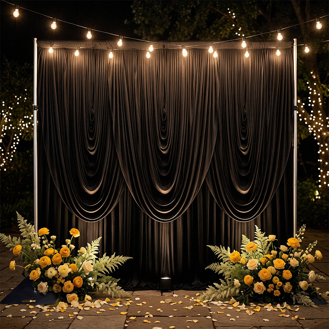 Cascade Swag Drape Panel 6.5ft x 5ft Black outdoor with hanging lights